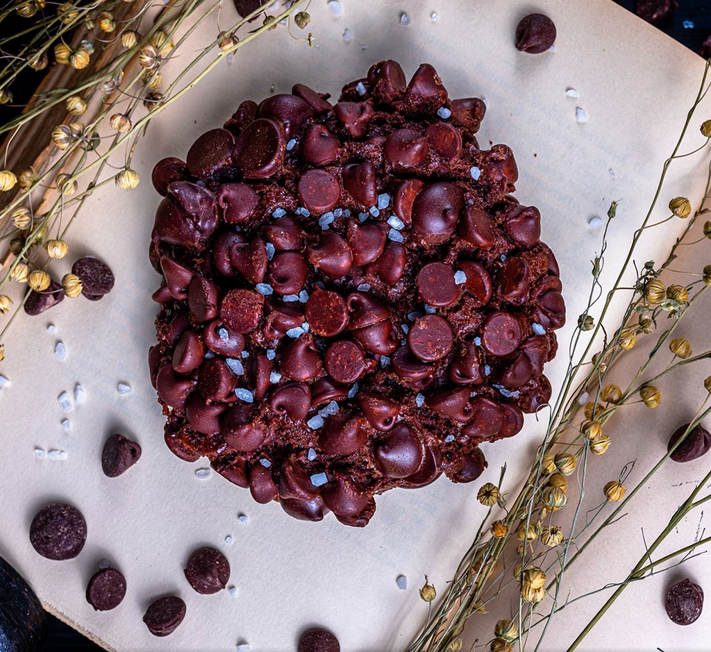 Artisanal dark chocolate bark scattered with chocolate chips on a white surface with dried flowers.