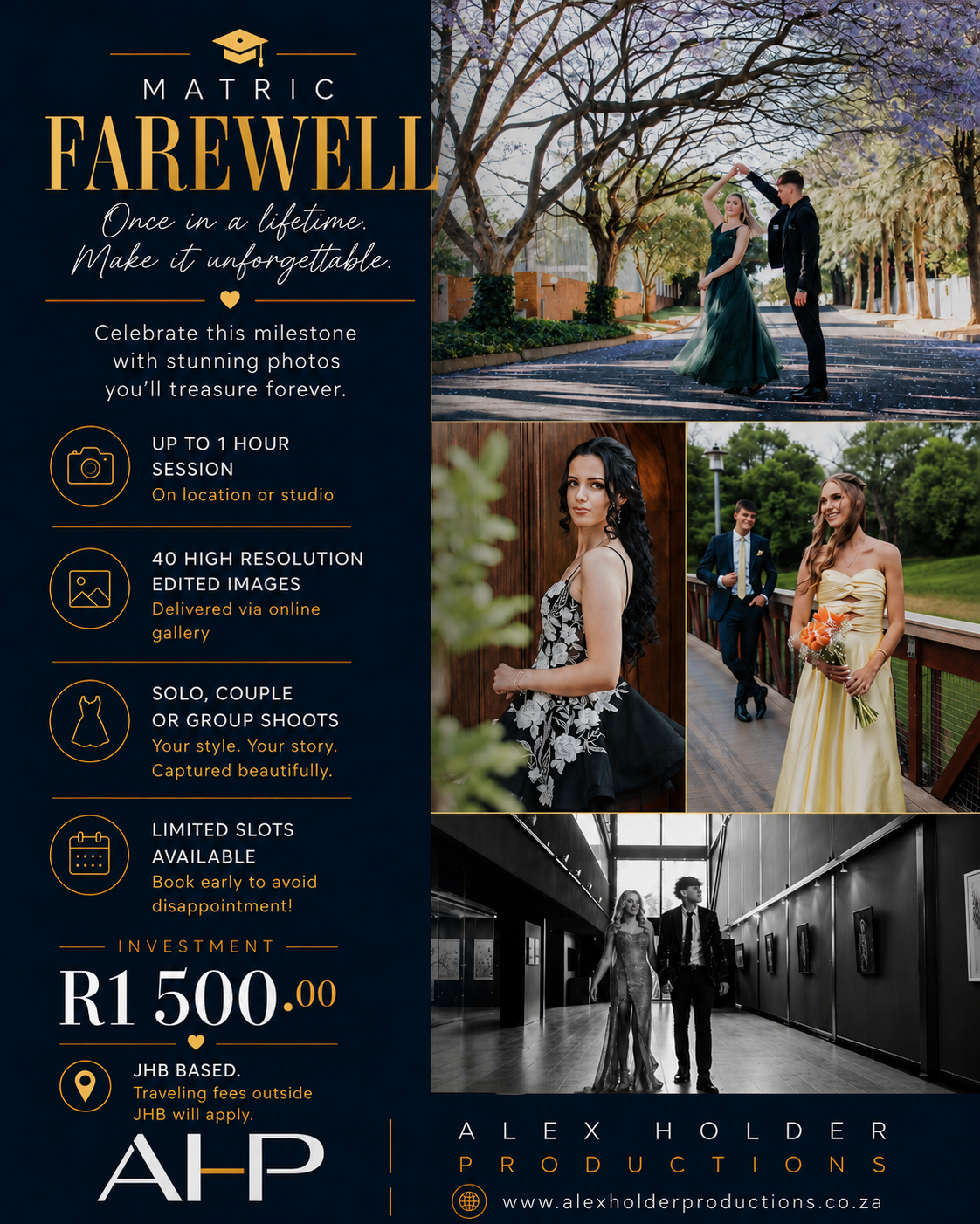 Alex Holder matric dance photography 2026 promotional flyer offering R1500 one-hour photoshoot in Johannesburg.
