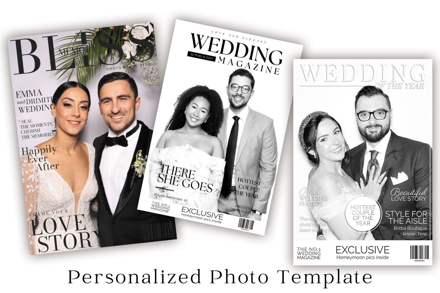 Collection of elegant wedding magazine covers and photo templates displayed in black and white style.