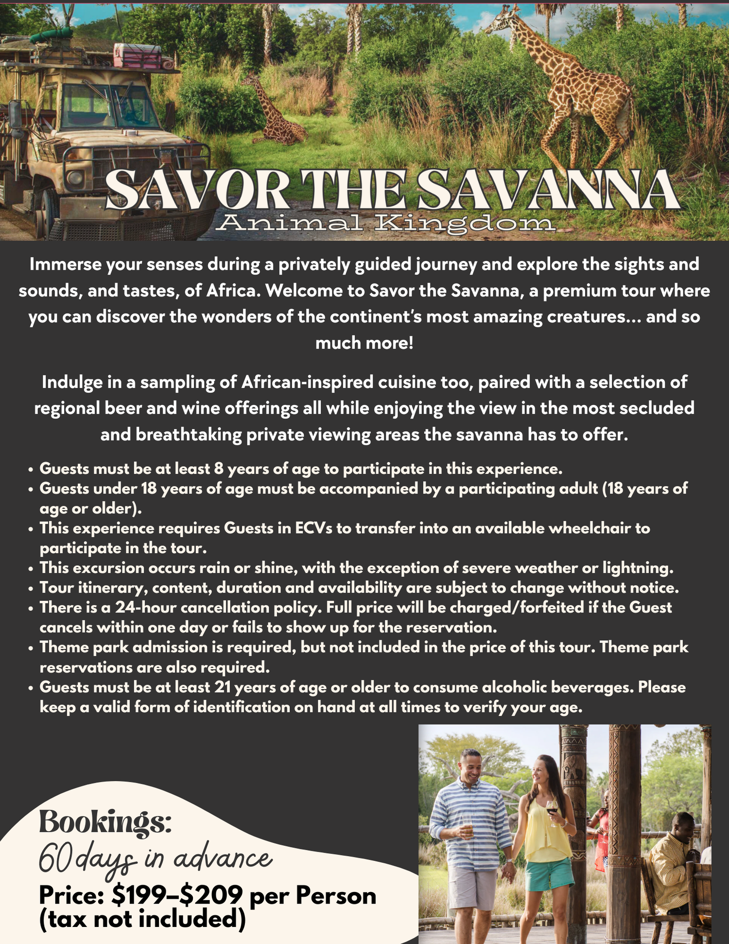 Safari experience advertisement showing giraffe and vehicle with details about guided tour and dining options.