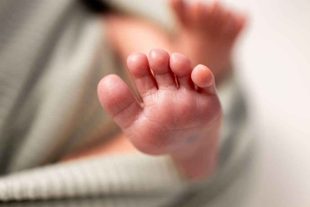 Close-up macro photo of tiny newborn baby toes with soft blurred background.