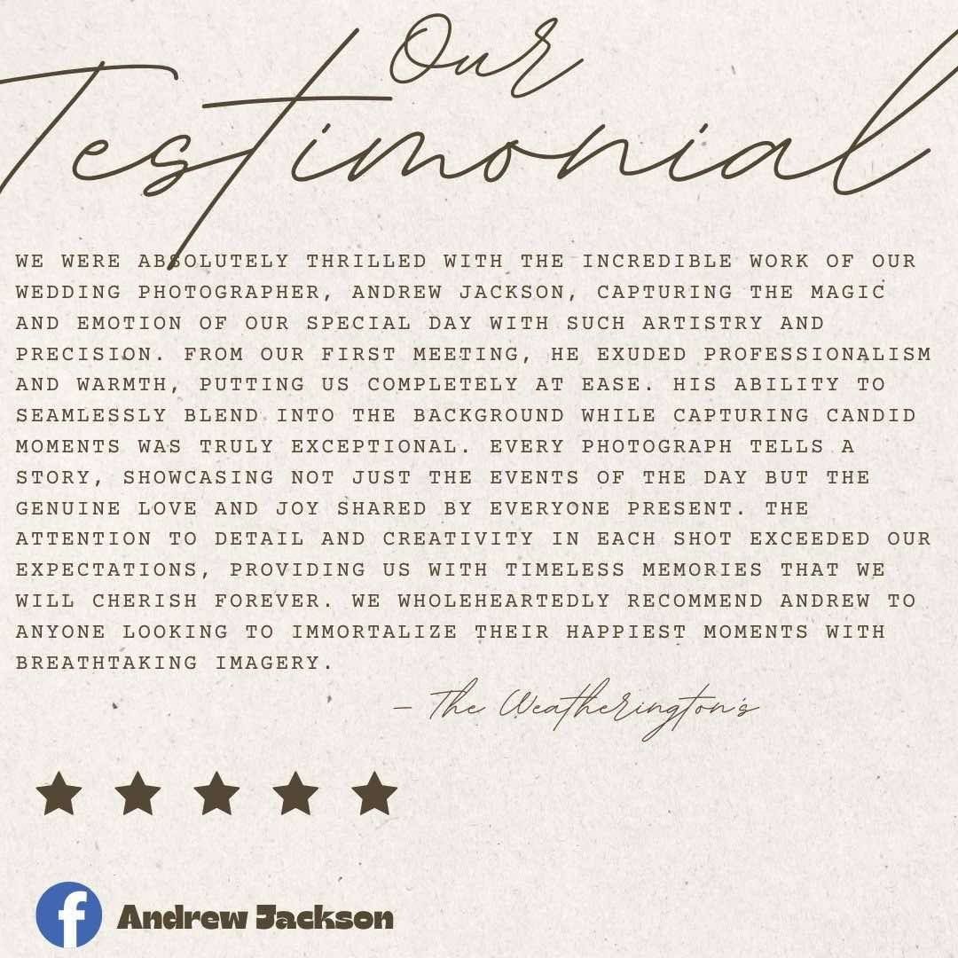 A handwritten wedding testimonial review with five star rating on a light pink background.