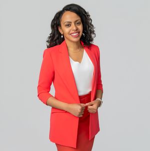 A woman wearing a coral blazer and white top poses confidently against a light grey backdrop for a fashion portrait series.