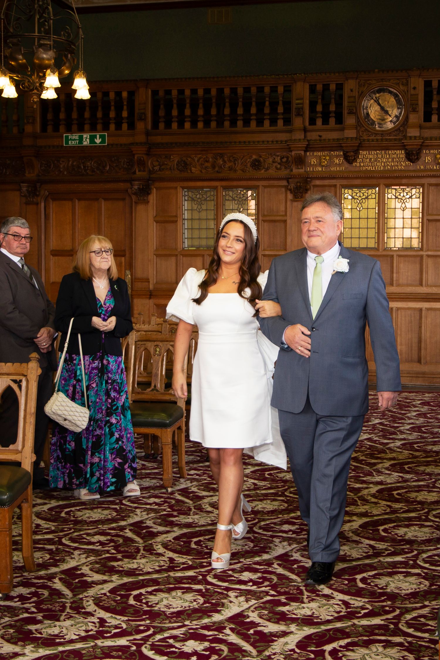 Bride and Father of the Bride walking down the aisle at Chester Town Hall, Council Chamber, registry office wedding