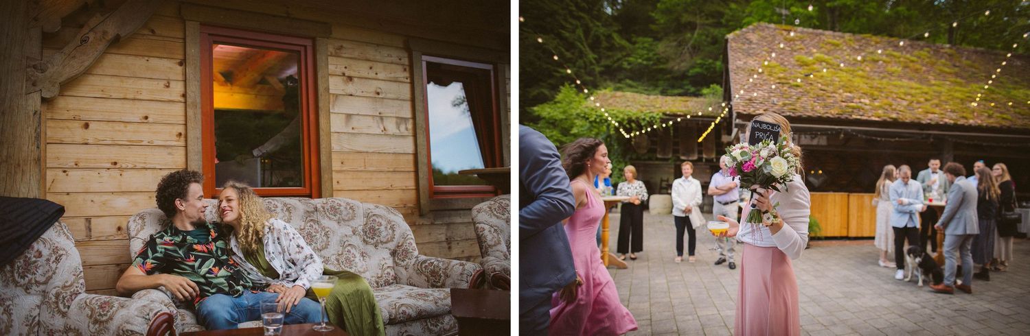 Outdoor wedding guests relaxing on couch at rustic cabin venue.