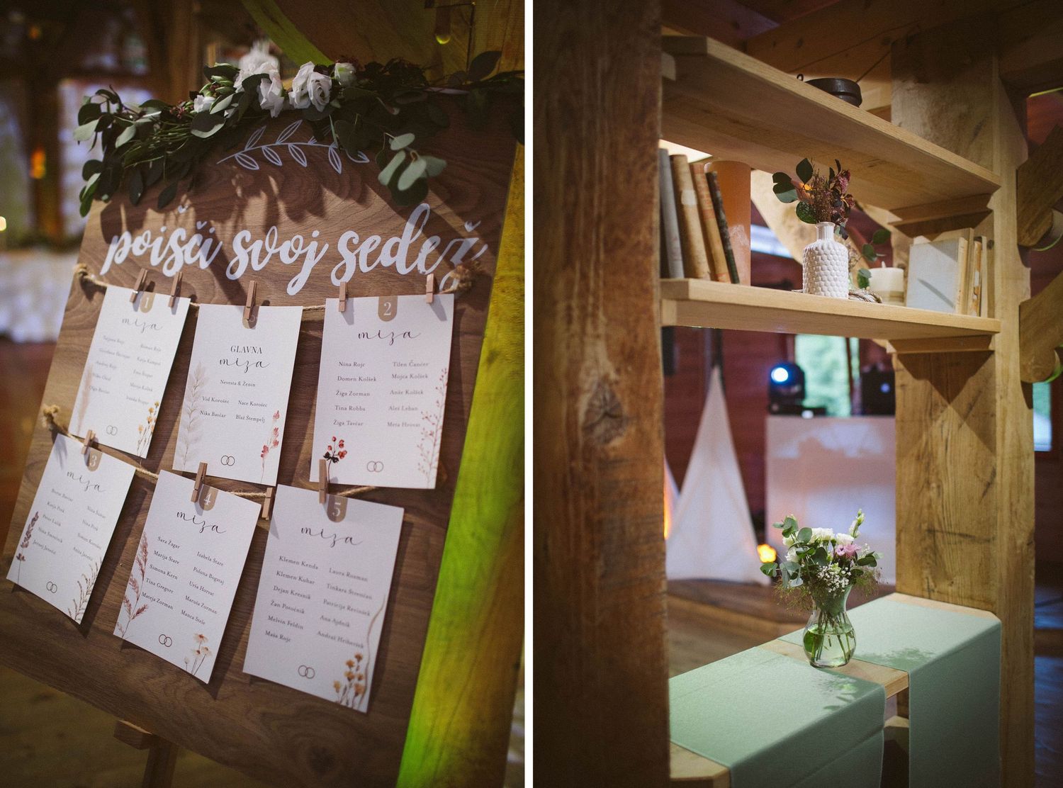 Rustic wedding decor featuring seating chart display and wooden shelf with floral arrangements.