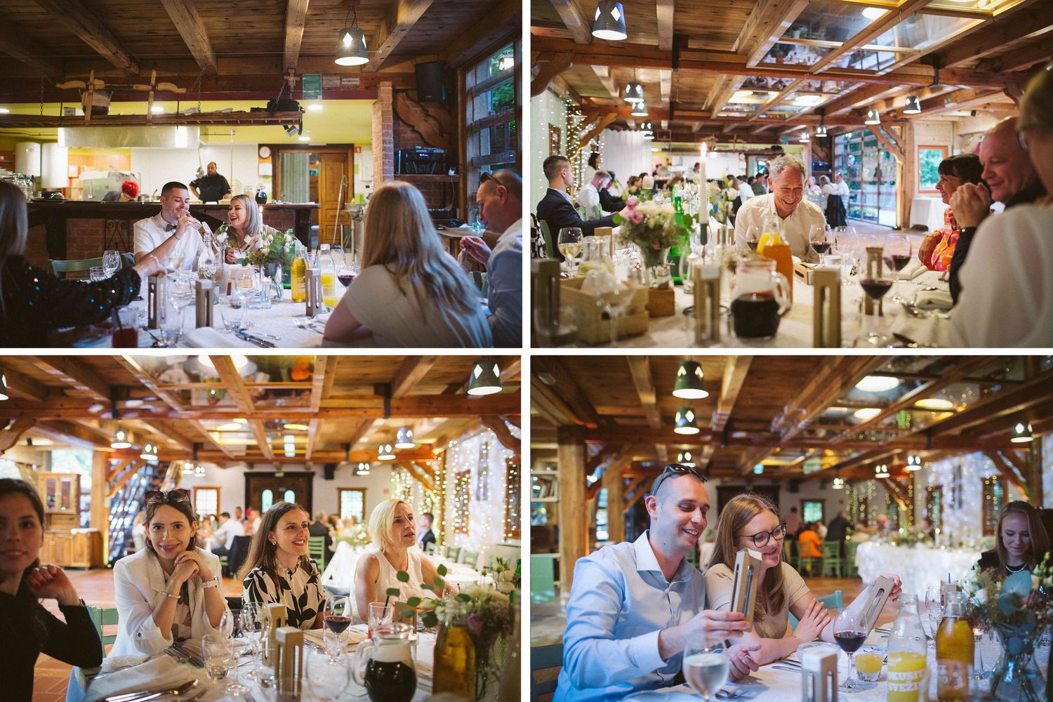 Wedding reception guests enjoying dinner in a rustic wooden lodge with exposed beams and warm lighting.