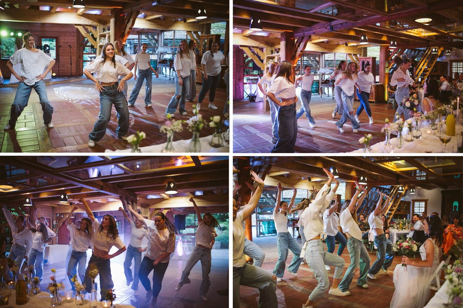 Energetic dance floor scenes from a wedding reception showing guests enjoying the celebration.