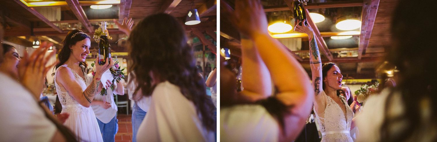 Candid shots of wedding guests dancing and celebrating at an indoor reception.