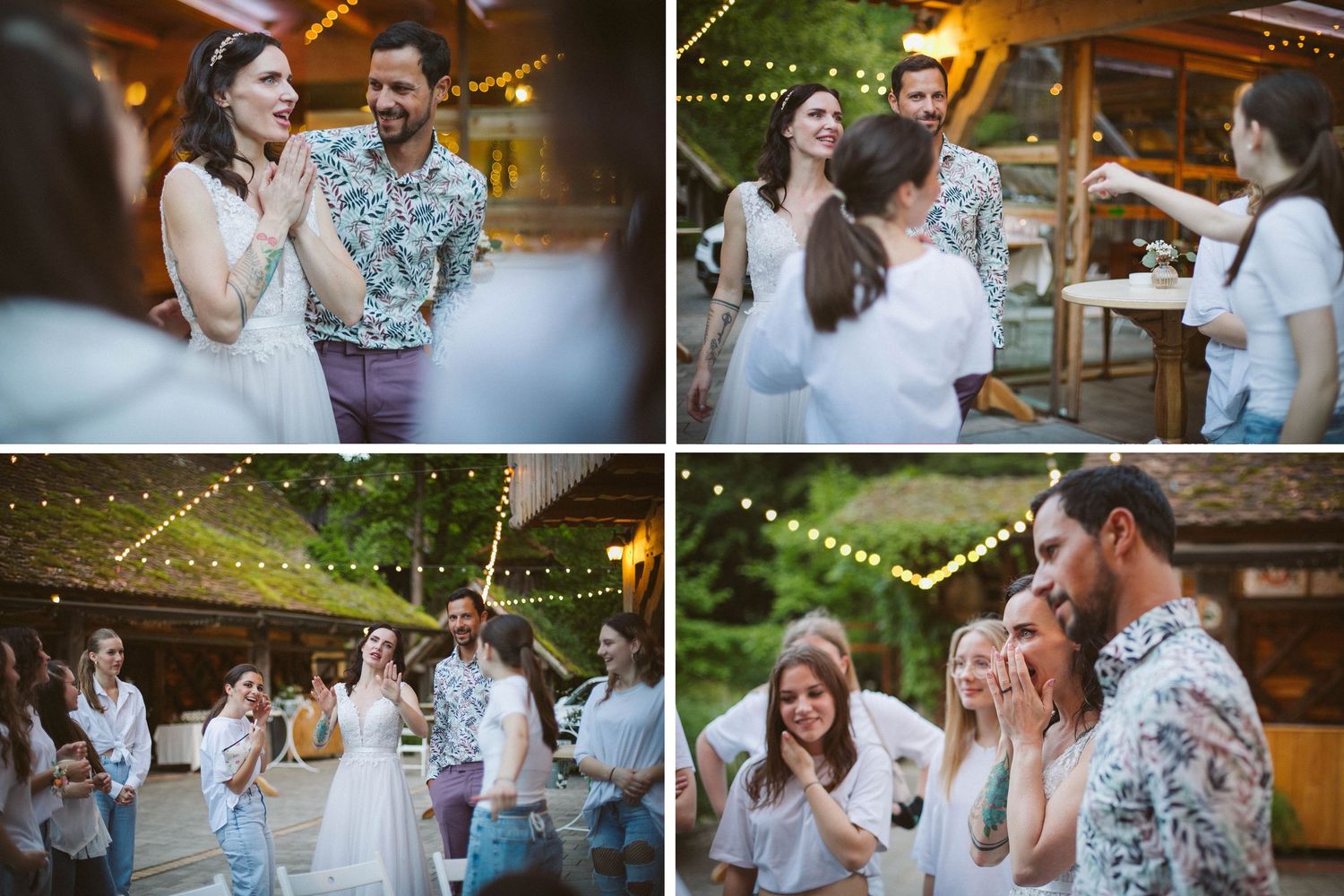 Collage of candid reception moments showing guests enjoying outdoor celebration.