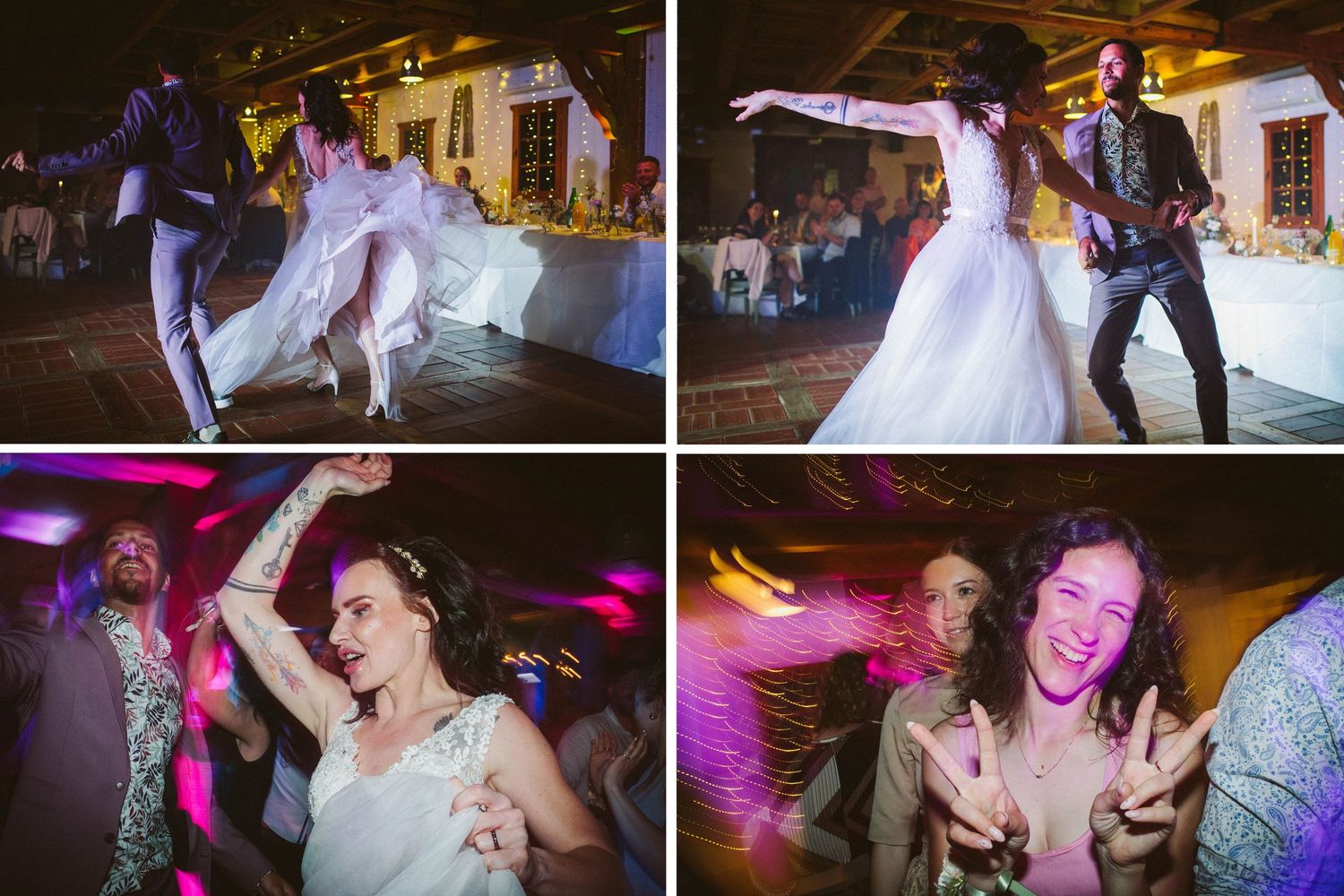 Collage of lively dance floor moments during wedding reception with atmospheric lighting.