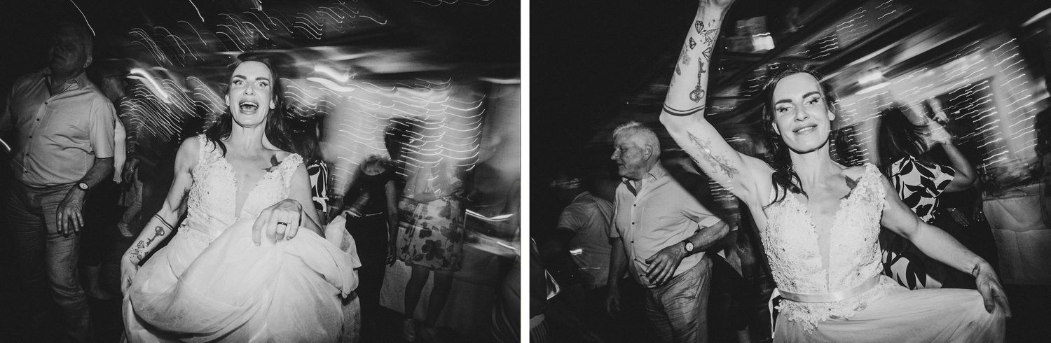Black and white photos capturing energetic dancing moments at wedding celebration.