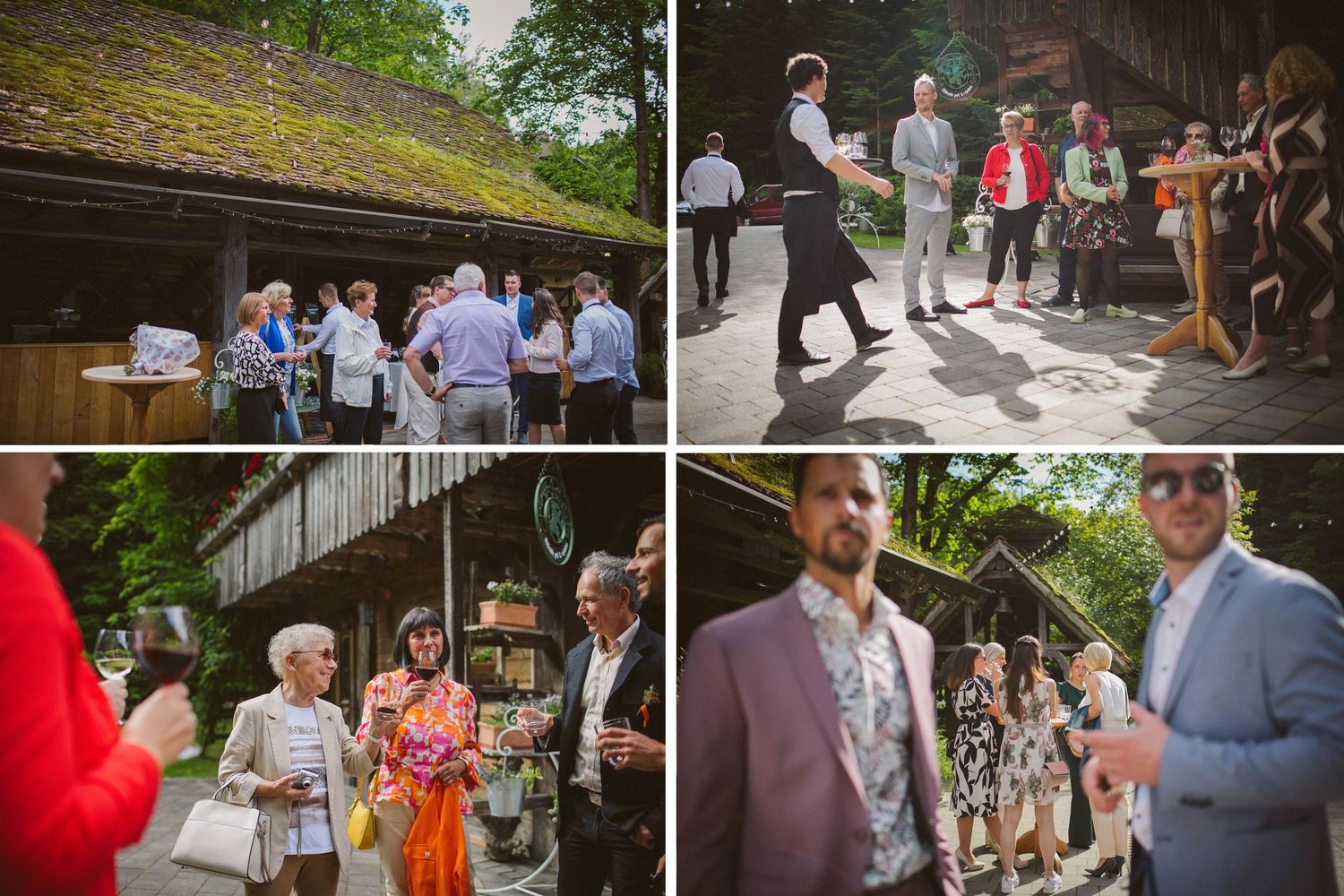 Collage of candid moments showing guests mingling at an outdoor wedding venue.