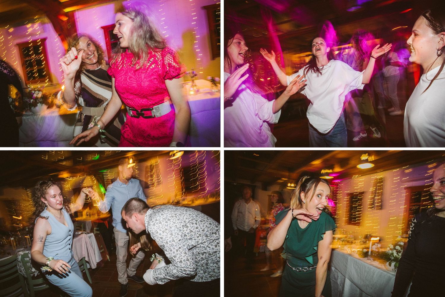 Wedding reception dance party features energetic moves with colorful lighting and joyful celebration.