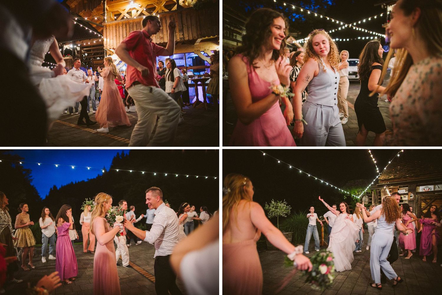 Candid moments of dancing and celebration at an evening wedding reception with string lights.