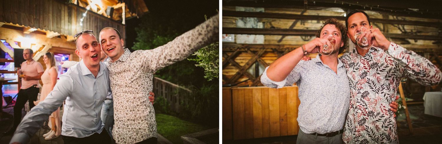 Celebration moments captured at outdoor wedding reception with festive lighting.