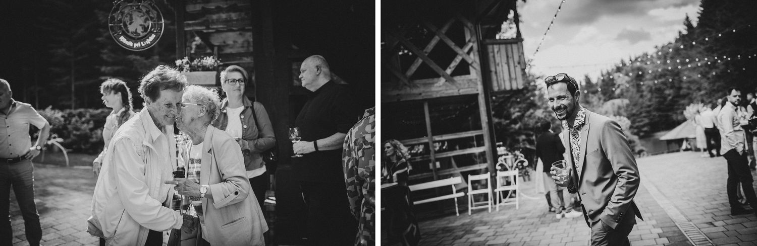 Black and white wedding candid shots showing guests socializing at an outdoor venue.
