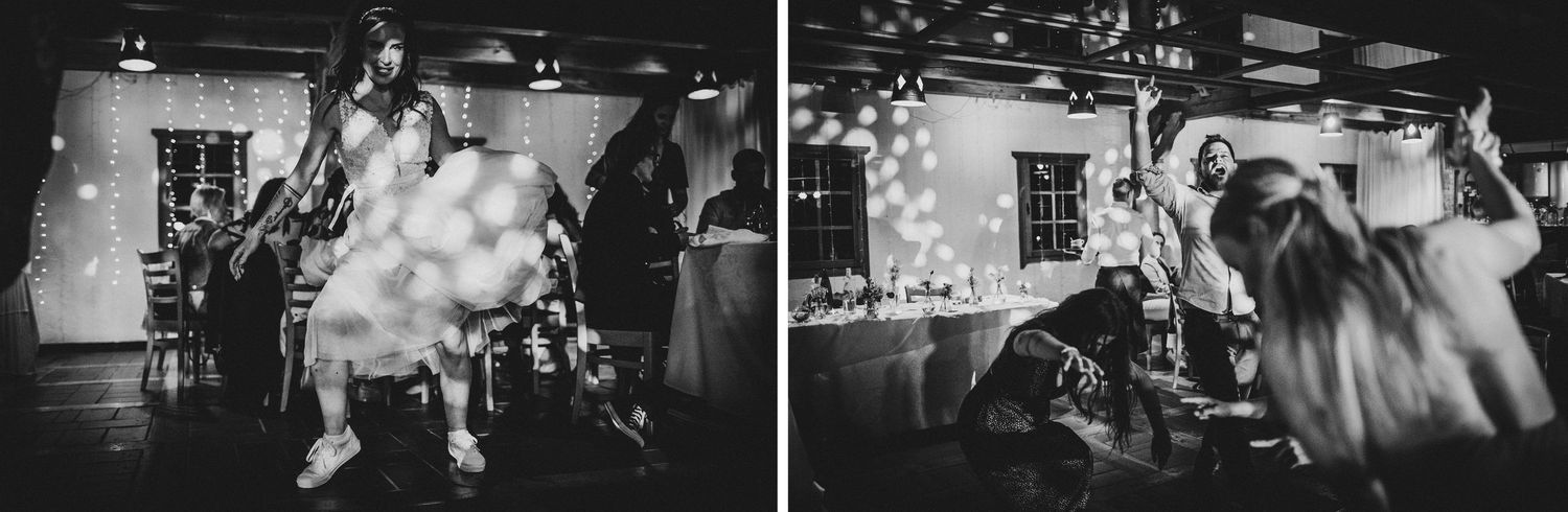 Dancing guests enjoy festivities at a wedding reception celebration while cotton candy fills the dance floor at night.