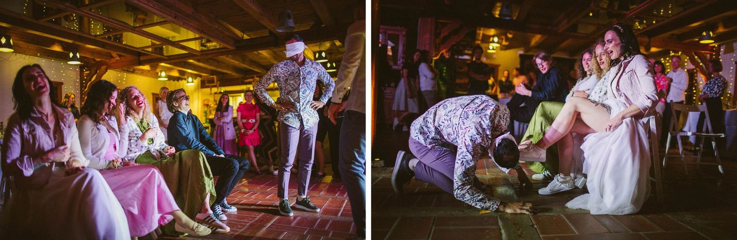 Wedding reception guests dancing and celebrating on illuminated dance floor in vibrant nightclub atmosphere.
