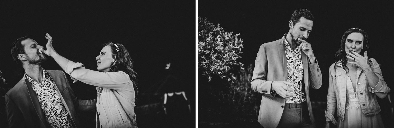 Black and white candid shots capture couples sharing happy moments at a party in vintage style photography.