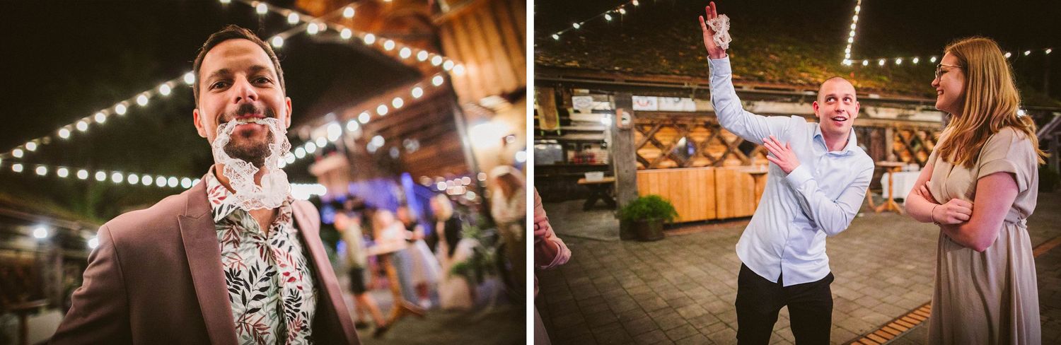 Two photos from a wedding reception show people celebrating with joyful expressions under twinkling string lights.
