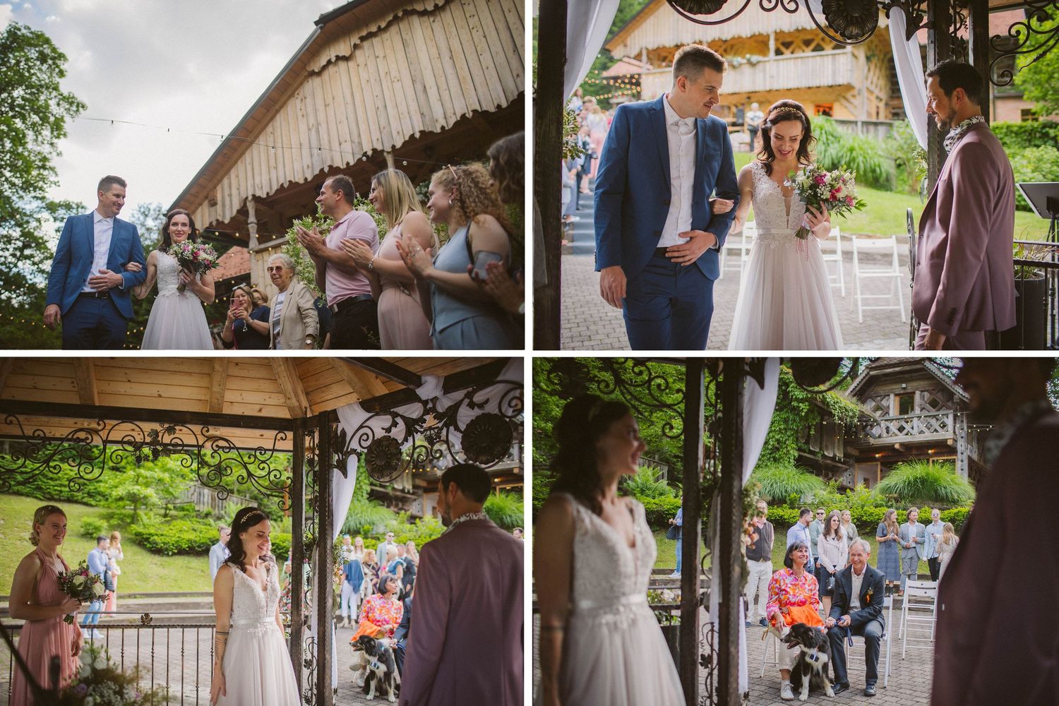 Four-panel photo collection showing various moments from an outdoor wedding ceremony.