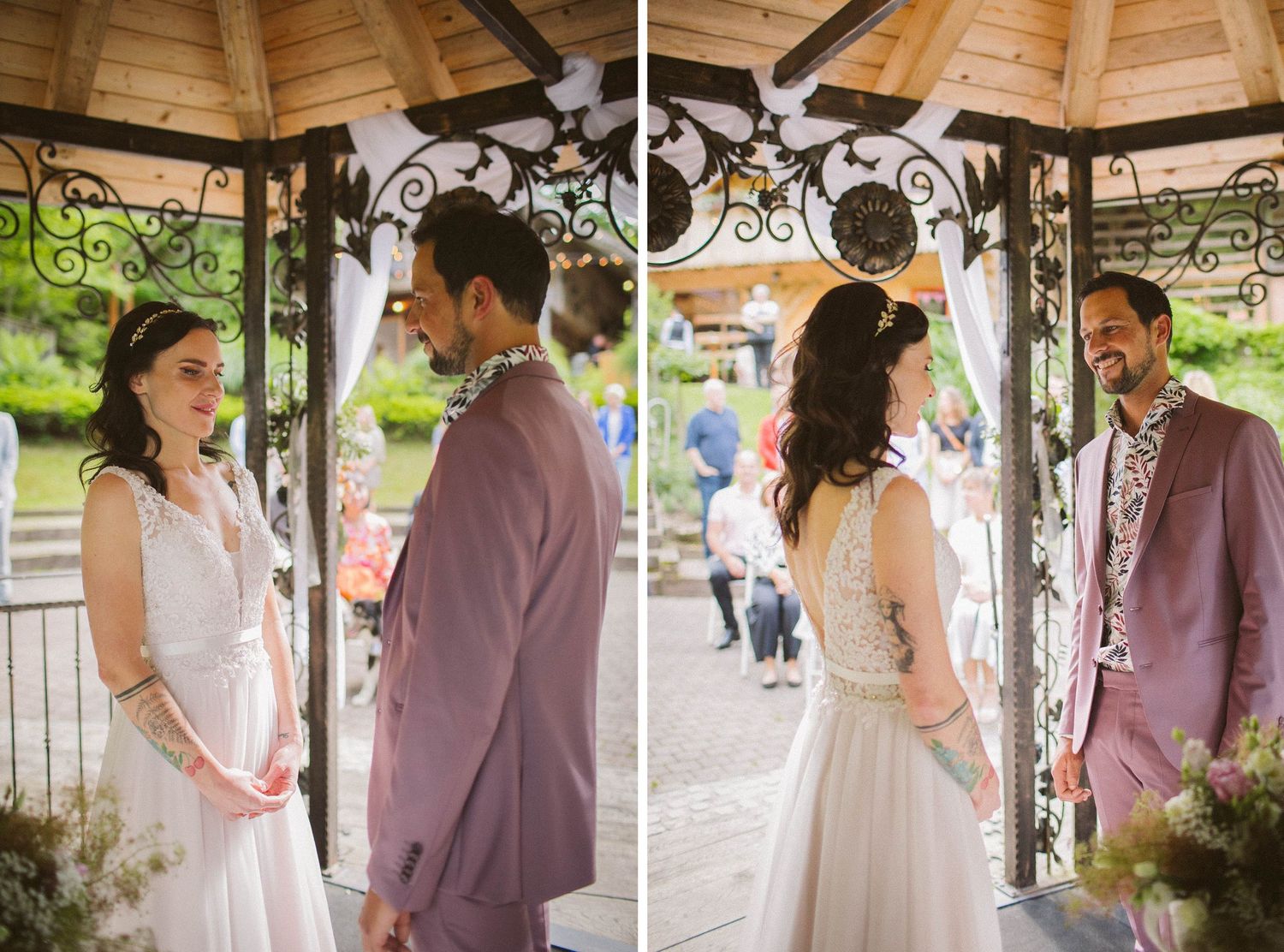 Two-panel photo showing a couple standing together under a wooden gazebo.