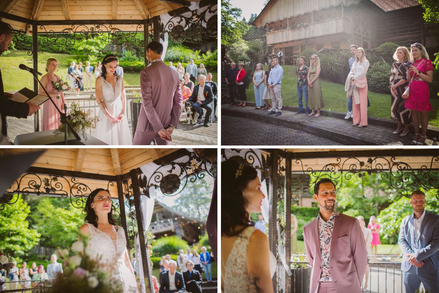 A collage of candid wedding ceremony moments in an outdoor gazebo setting.