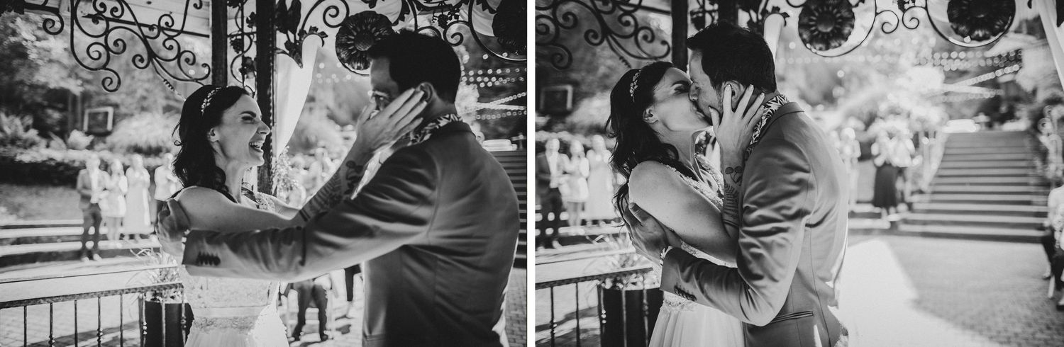 Two sequential black and white photos showing a romantic wedding ceremony moment.