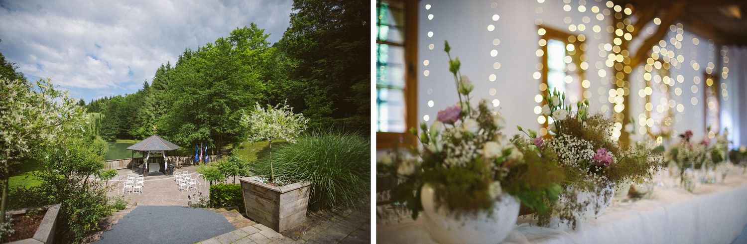 Scenic outdoor wedding venue with stone pathways and string lights creating a romantic atmosphere.