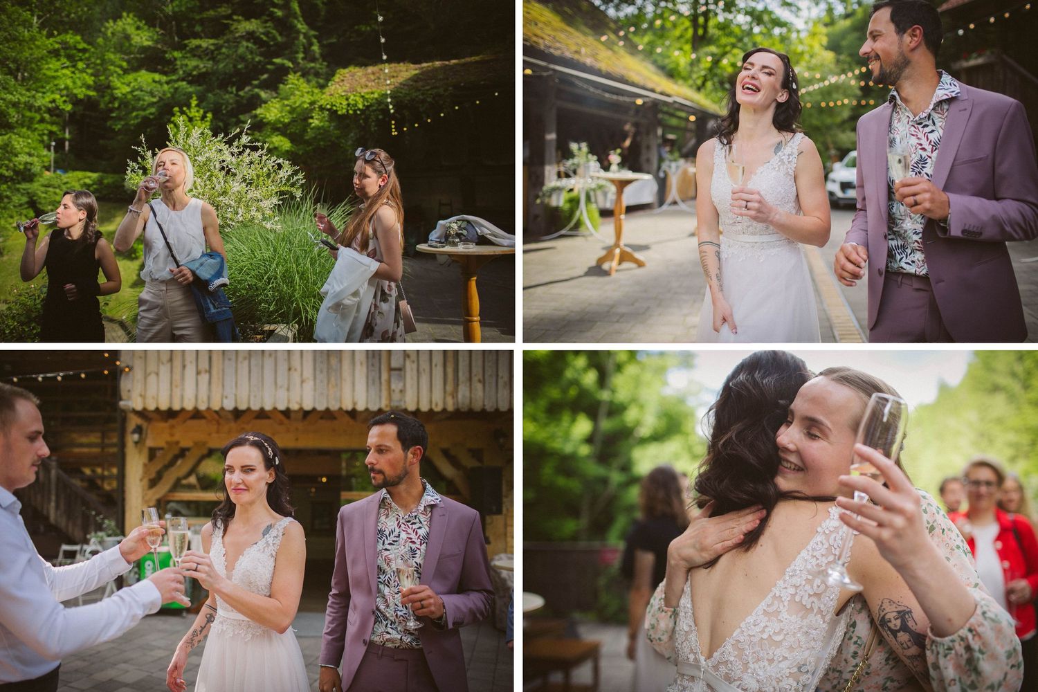 Collage of outdoor wedding reception moments showing guests celebrating and toasting.