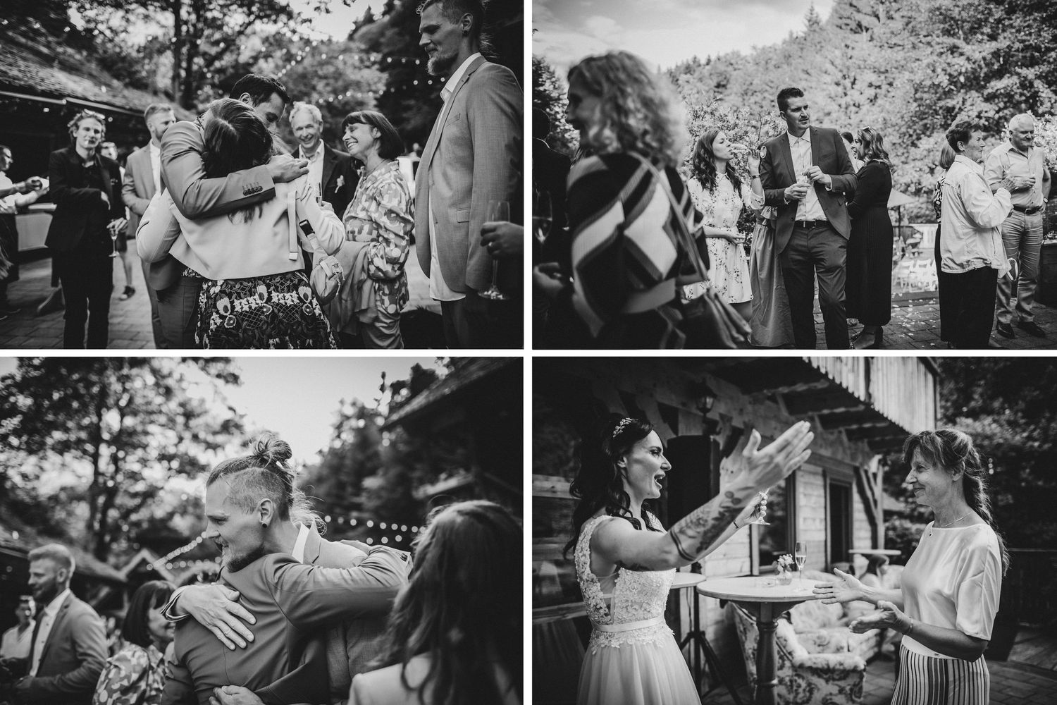 Four panel black and white photo collage showing candid moments at outdoor wedding reception.