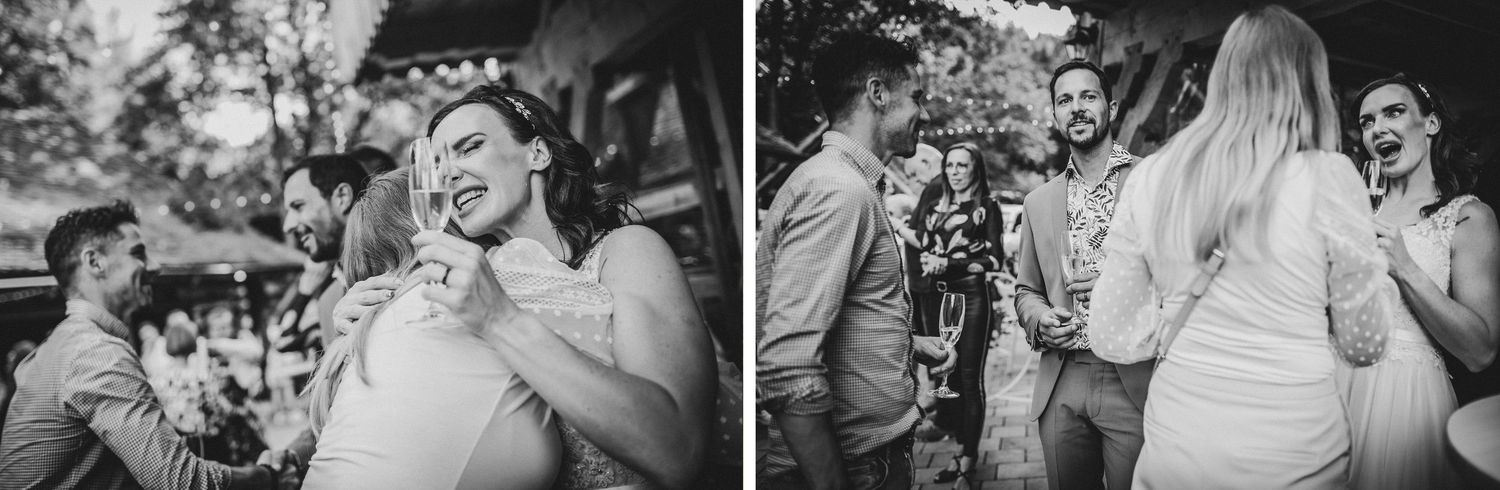 Black and white candid photos of guests laughing and celebrating at outdoor event.
