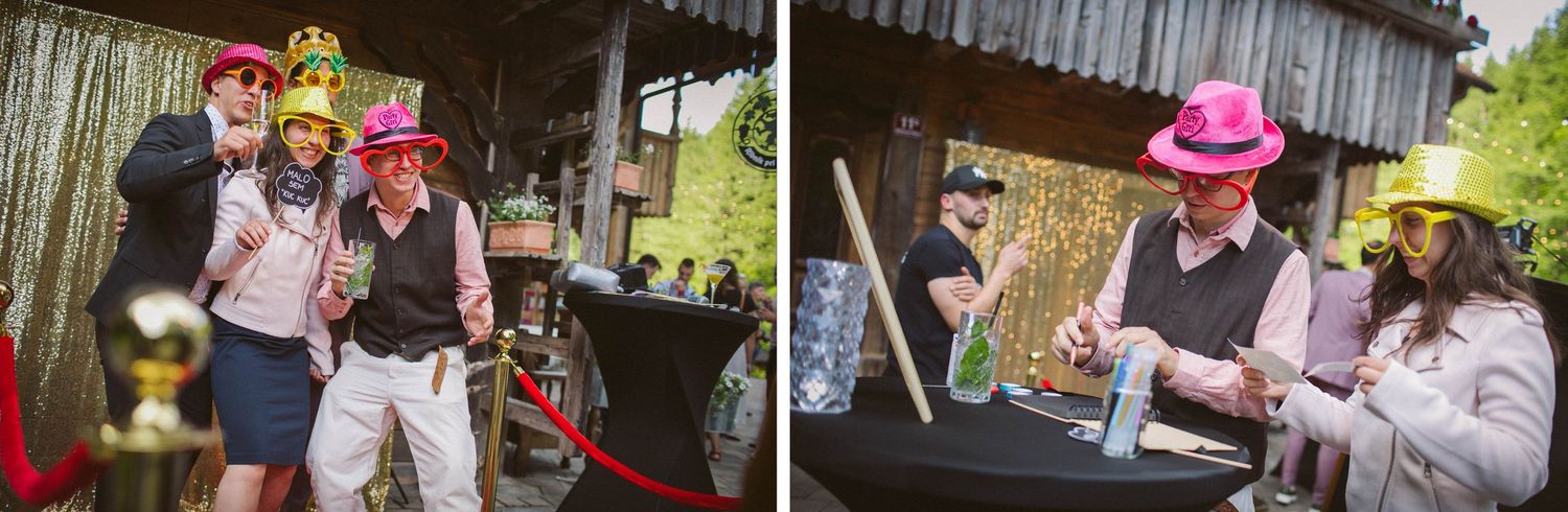 Guests wearing colorful party hats enjoy drinks at an outdoor bar.