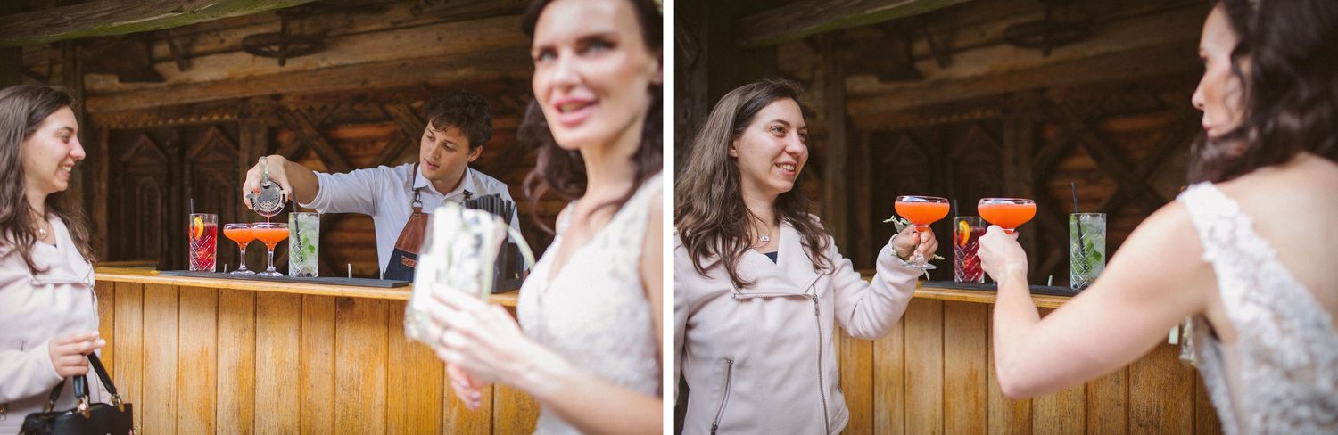 Series of shots showing guests interacting at a rustic wooden bar.