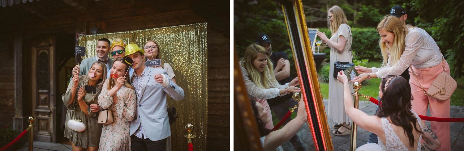 Guests pose with fun props and decorations at an outdoor party photo booth.