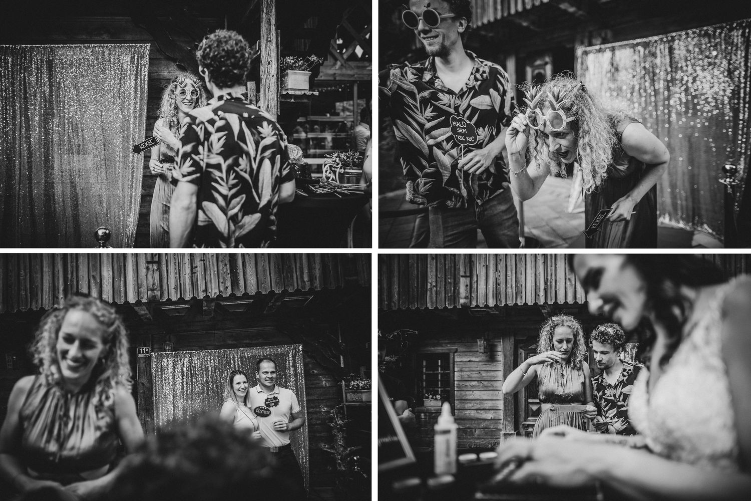 Black and white candid photos capture intimate moments during wedding reception.