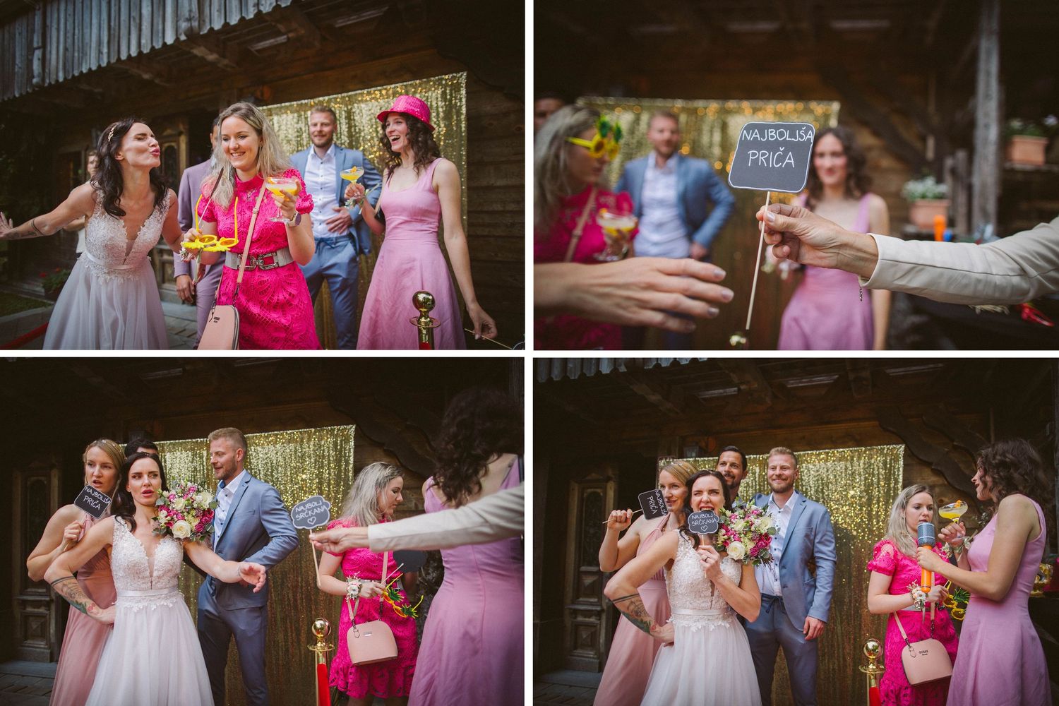 Candid shots of wedding party celebrating with drinks outdoors.