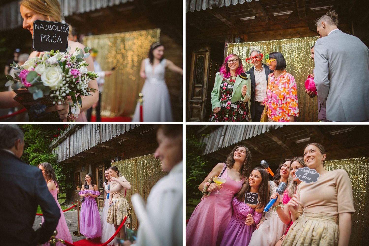 Wedding guests gather outdoors with floral decorations and colorful attire at a rustic venue.