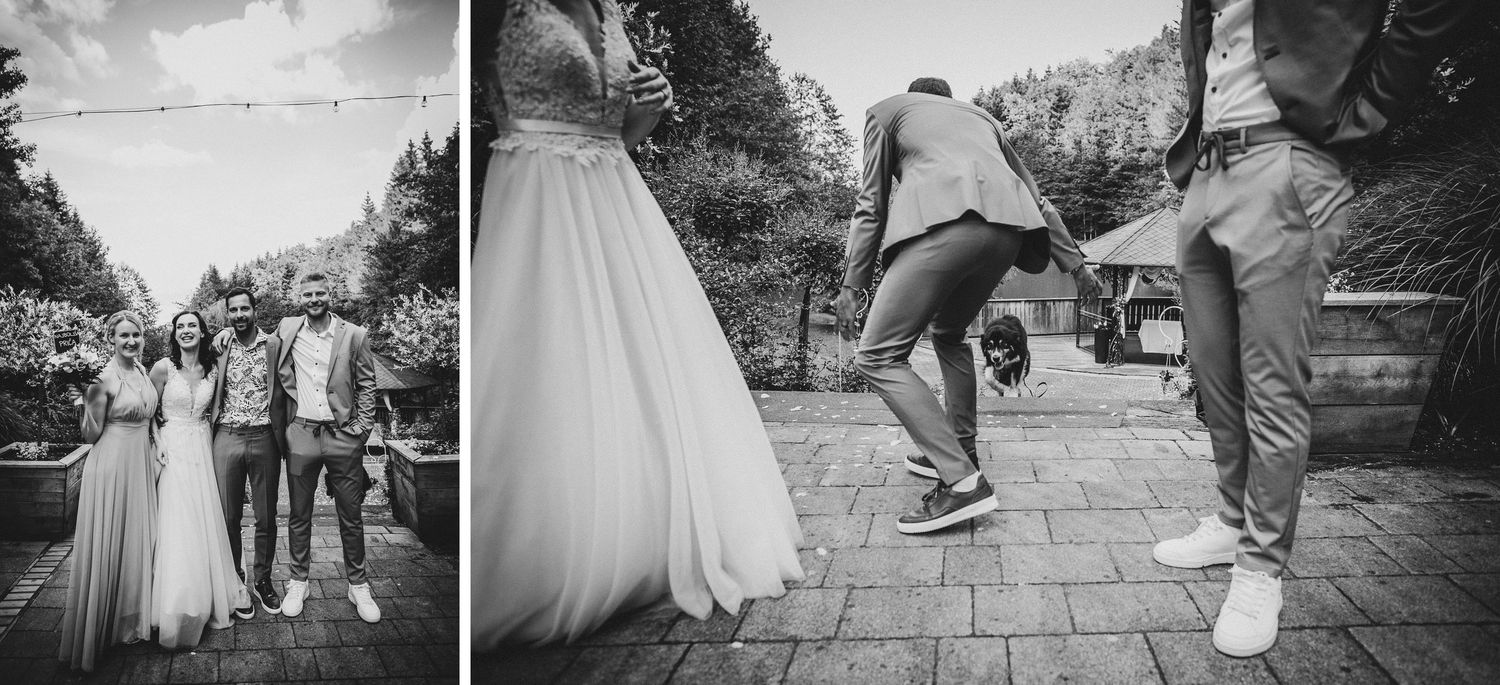 Black and white wedding photos showing casual moments and group shots on a stone patio.