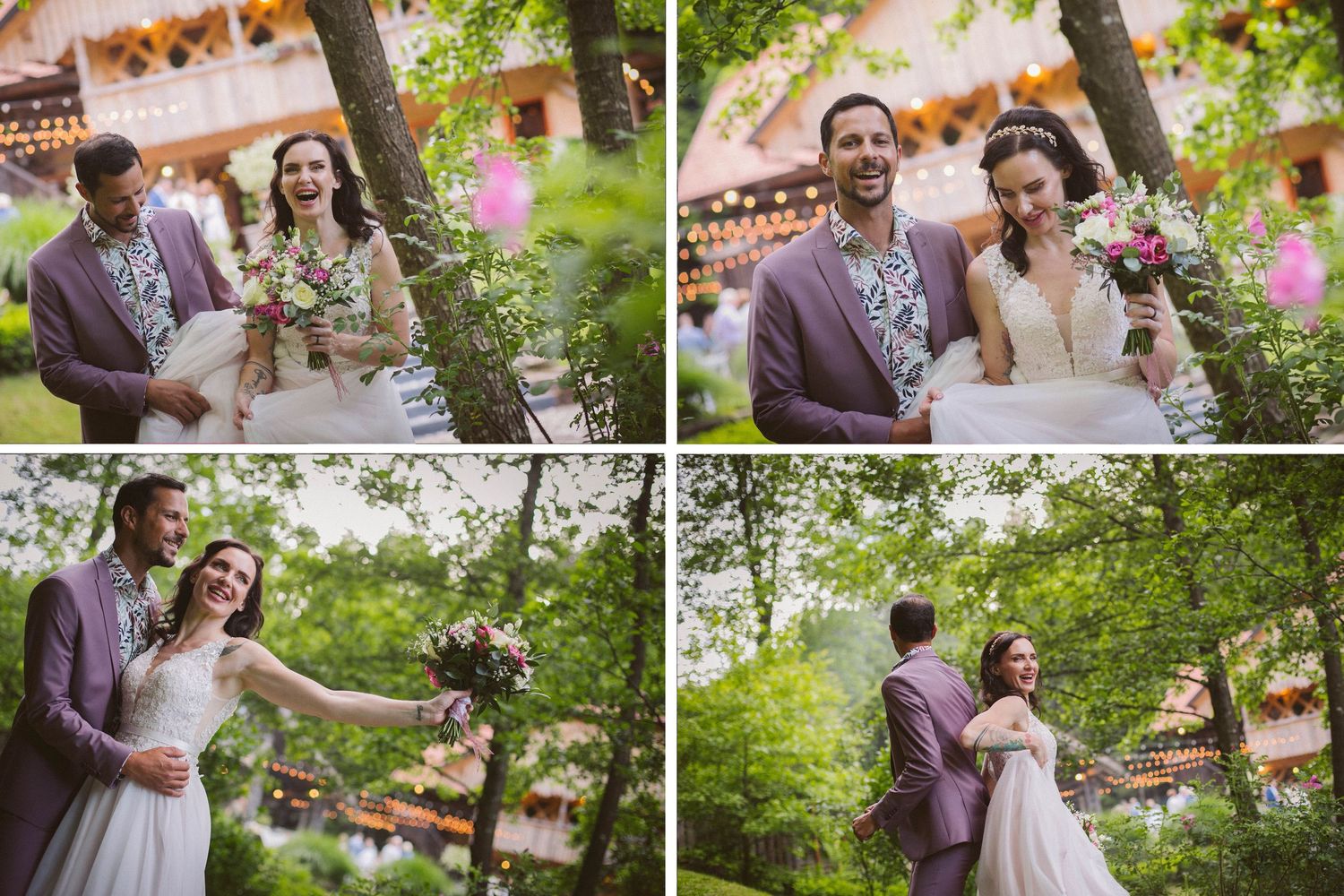 Collage of newlyweds sharing intimate moments in a garden with purple and floral accents.