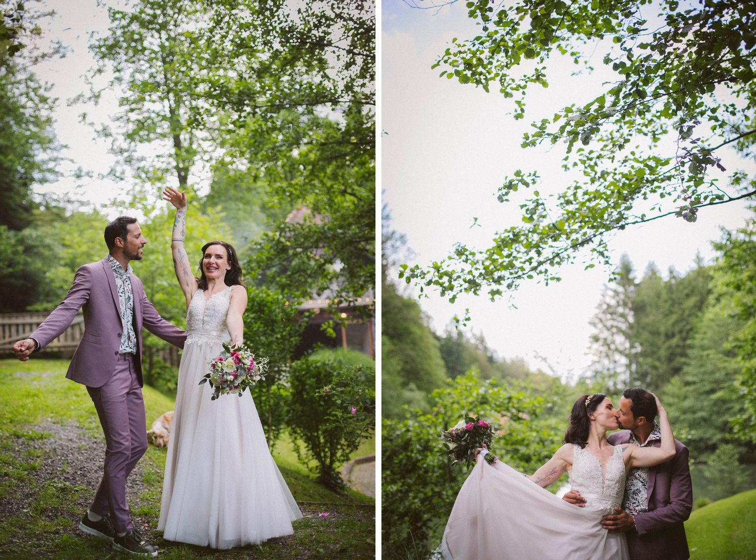 Wedding portraits of couple in purple and white against a green forest backdrop.