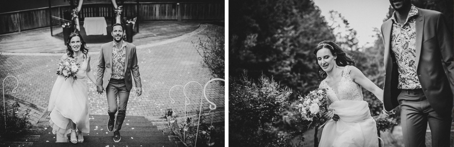 Dancing couples celebrate at an outdoor wedding with joyful expressions.