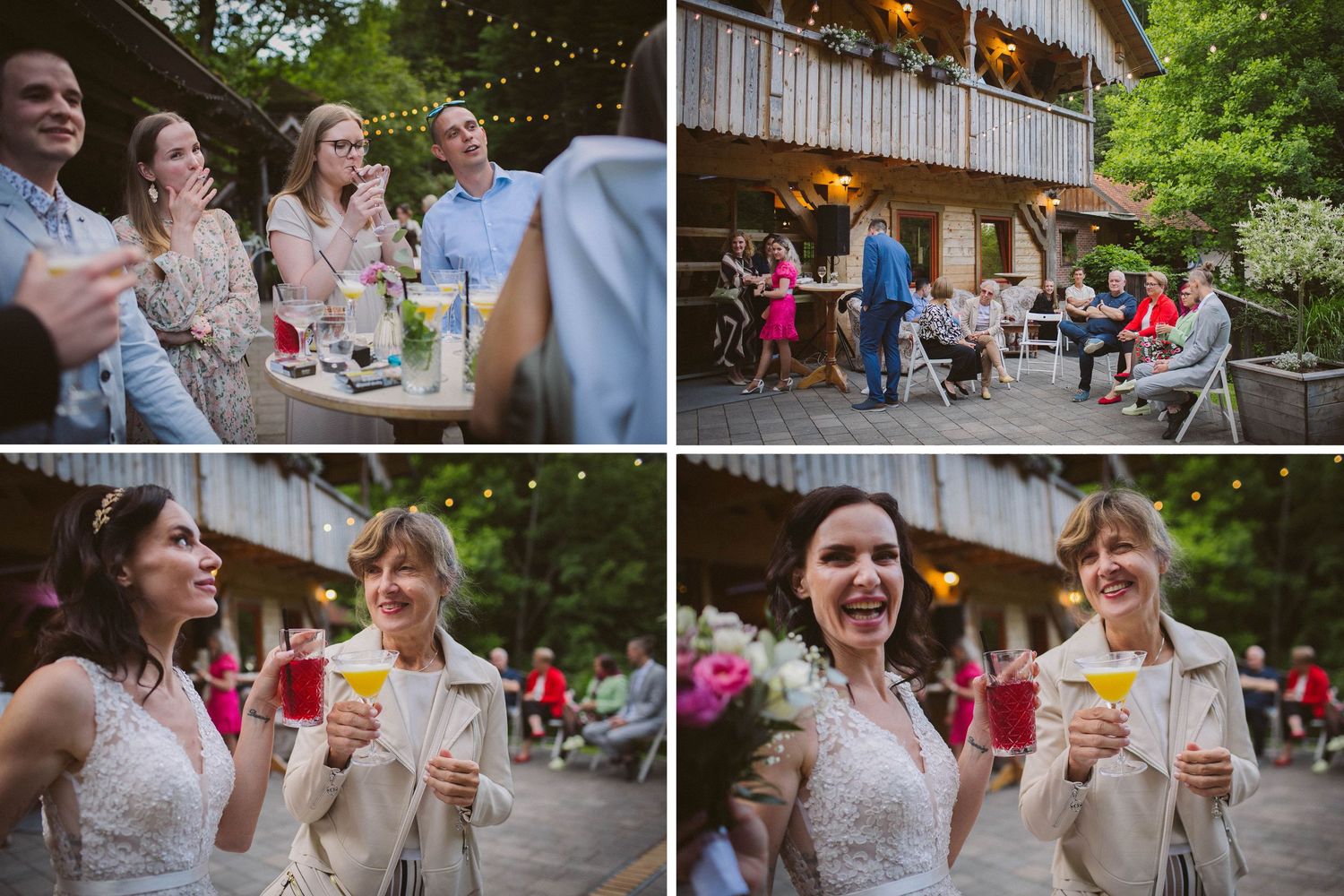 Wedding celebration at an outdoor venue with guests enjoying drinks and conversation.