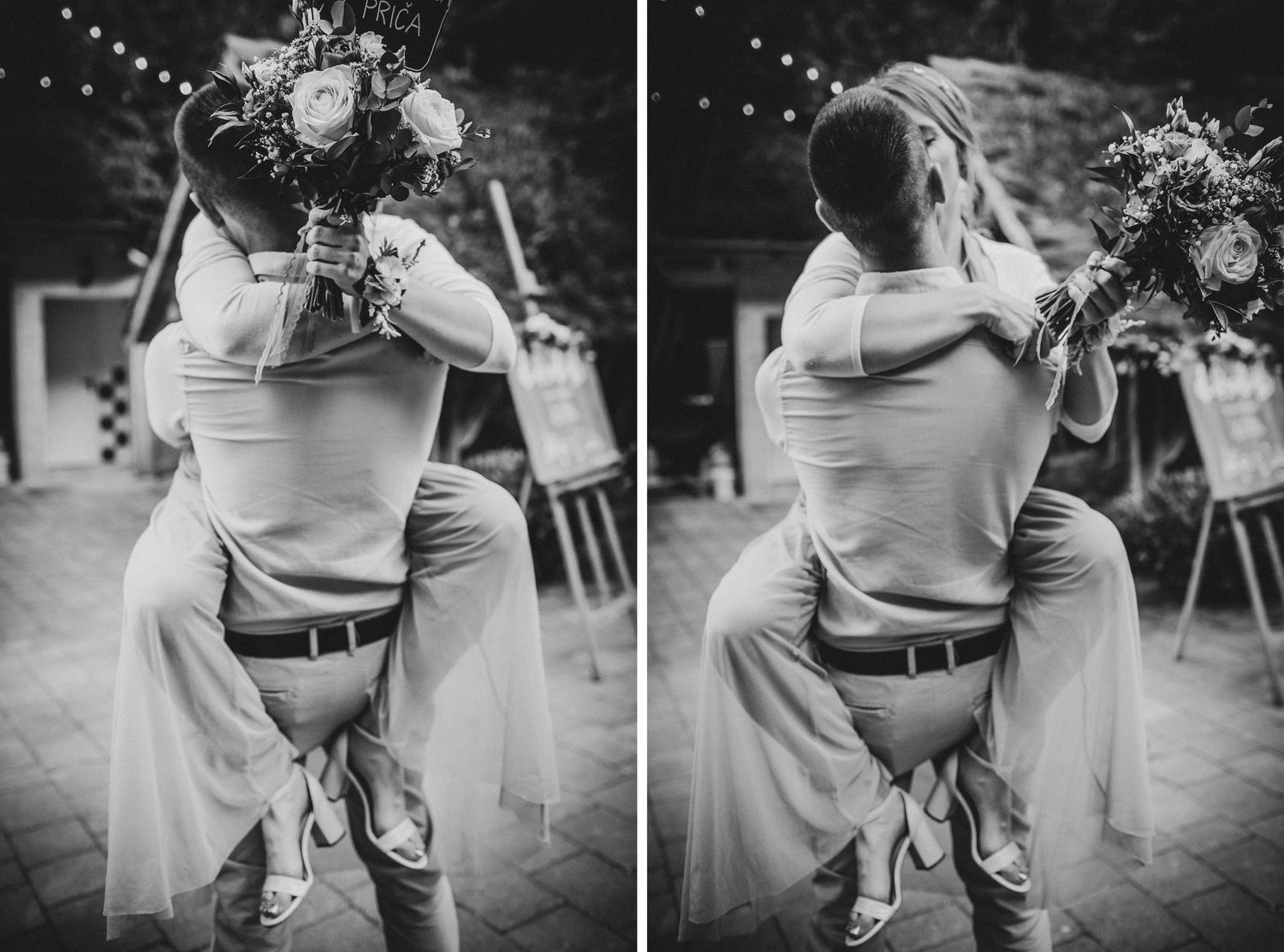Black and white photos capture a playful wedding couple embrace on the dance floor.