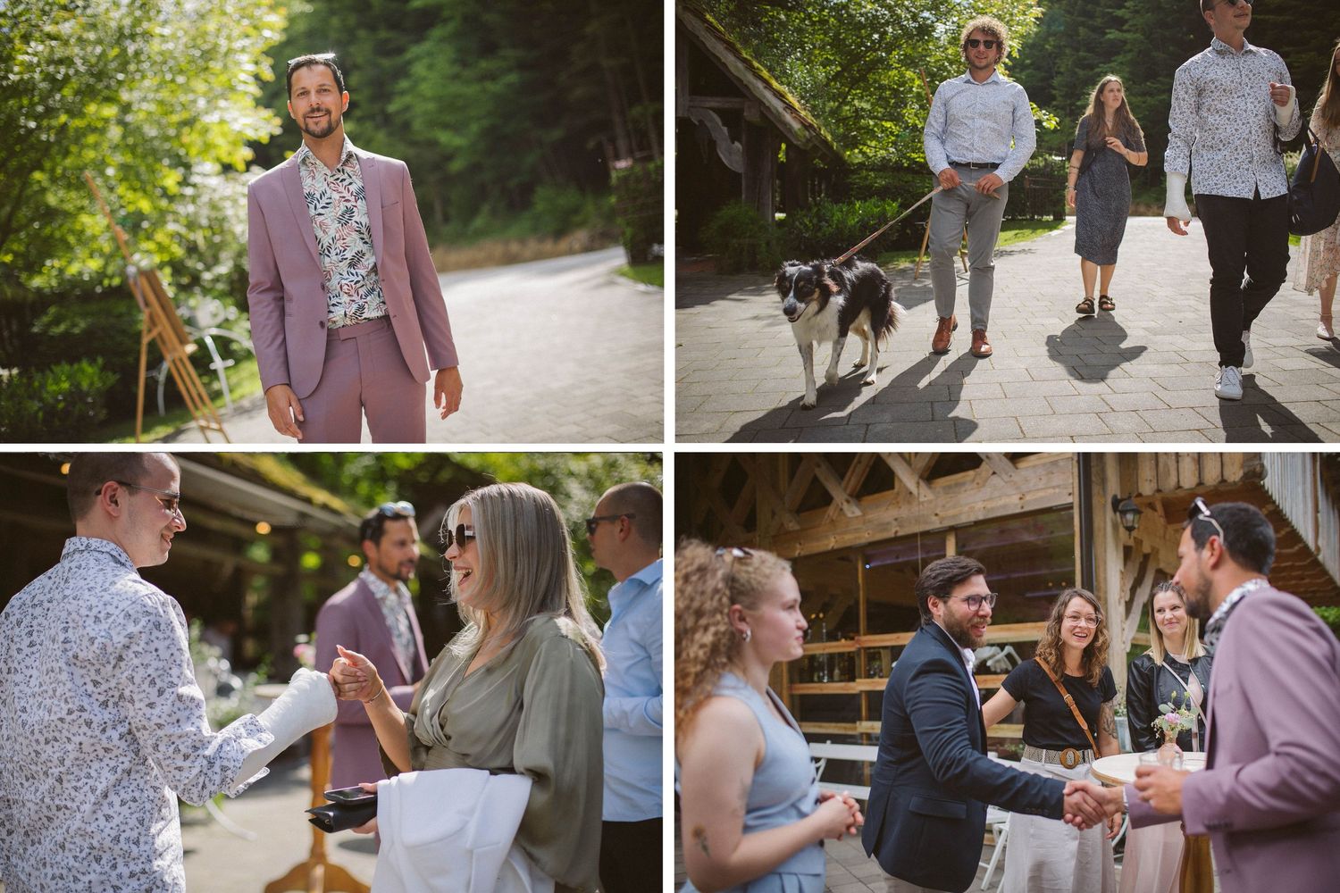 Wedding celebration moments captured at outdoor venue with pink suit and casual attire.