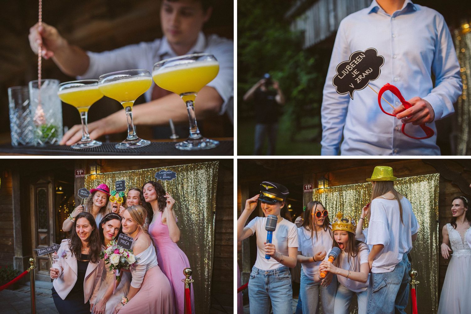 A collection of wedding celebration moments showing cocktails, dancing, and joyful outdoor gatherings.