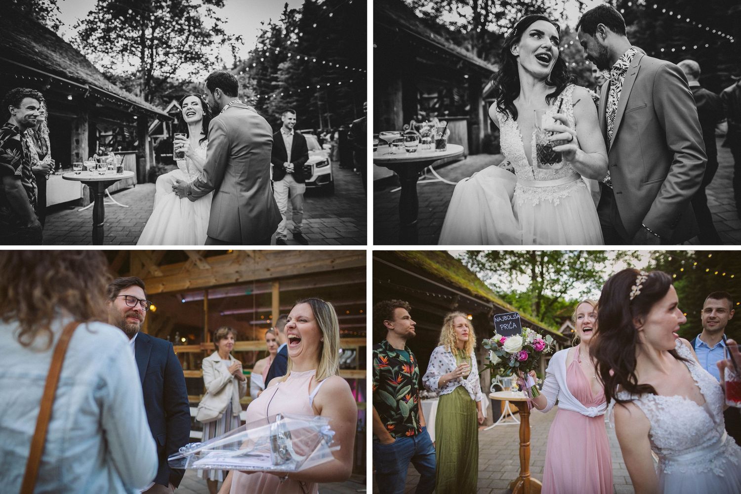 A collage of candid moments from an outdoor wedding celebration with guests in formal attire.