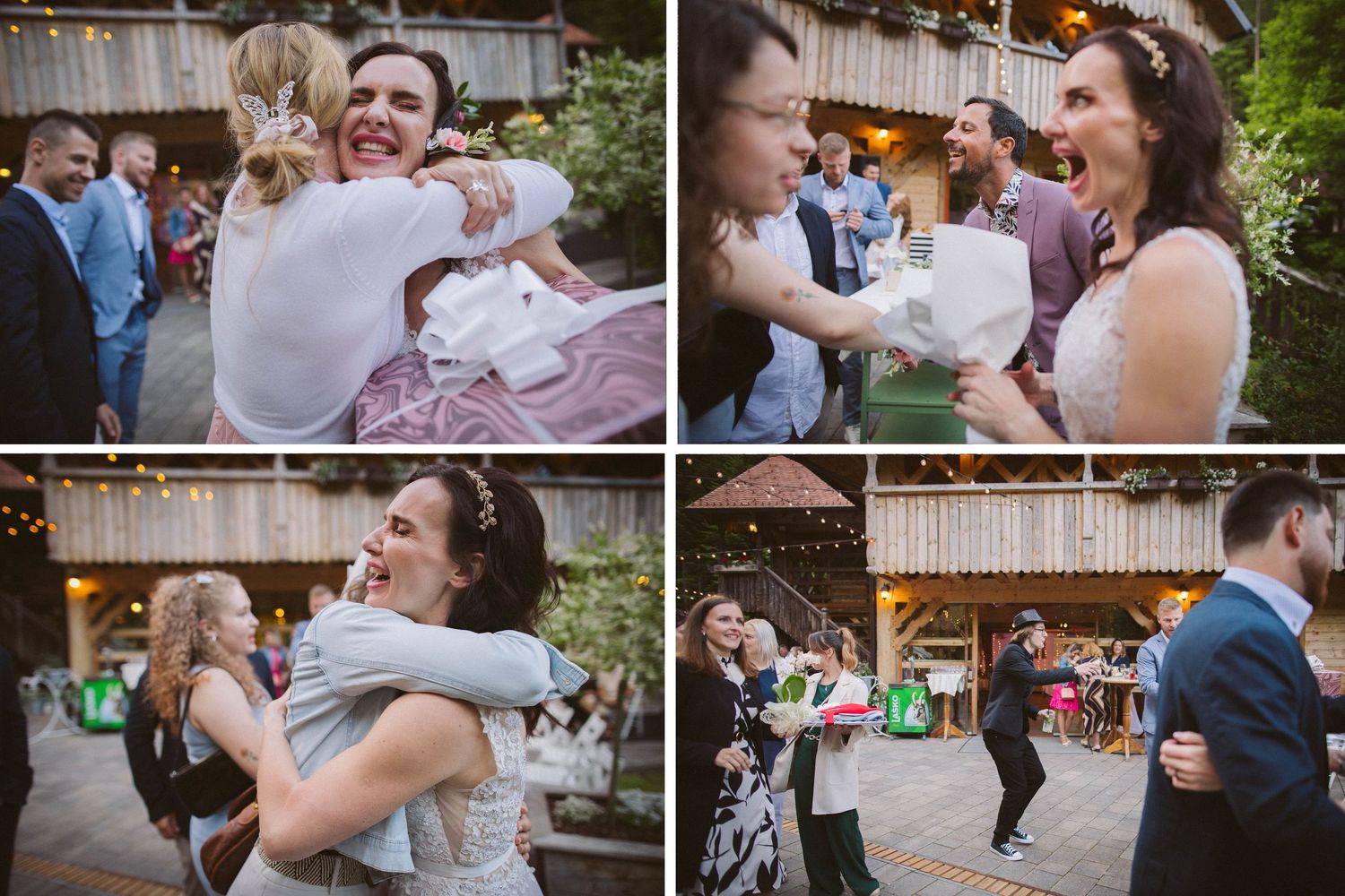 A four-panel collage showing guests hugging and celebrating at an outdoor party.