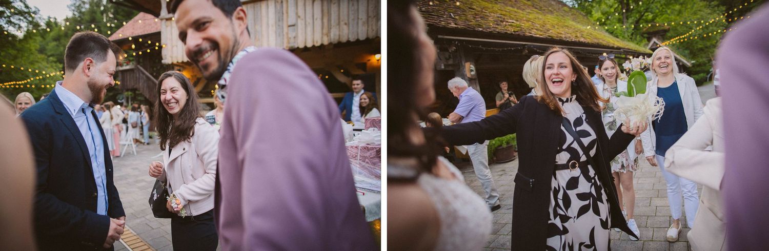 A two-panel image showing guests mingling and laughing at an outdoor social gathering.
